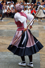 Basque folk dancers in a street festival in the old town of Bilbao, capital of Biscay, Basque...