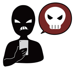 スマホを持つ黒色の人物とドクロマークの誹謗中傷などのイメージのイラスト素材