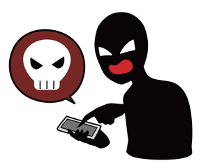 スマホを持つ黒色の人物とドクロマークの誹謗中傷などのイメージのイラスト素材