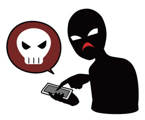 スマホを持つ黒色の人物とドクロマークの誹謗中傷などのイメージのイラスト素材