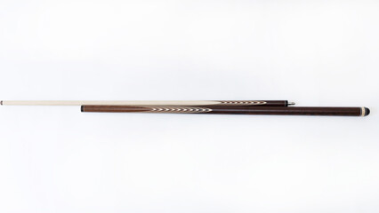 Billiard cues on a white background. Parts of a billiard cue close-up. Live photos of a billiard cue. The Art of Billiards in Motion.