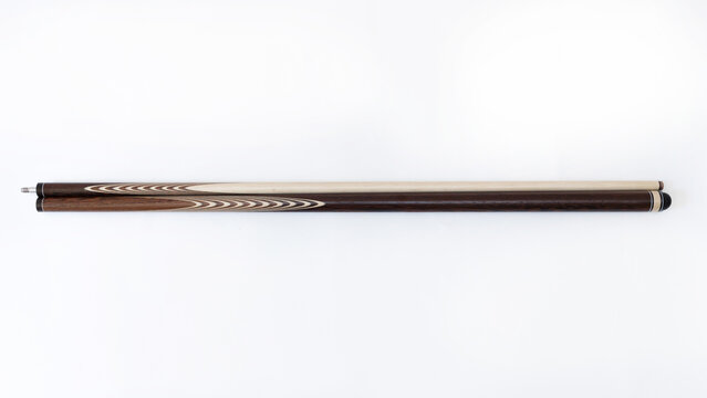 Billiard cues on a white background. Parts of a billiard cue close-up. Live photos of a billiard cue. The Art of Billiards in Motion.