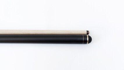Billiard cues on a white background. Parts of a billiard cue close-up. Live photos of a billiard...