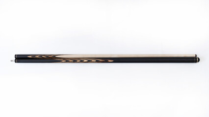 Billiard cues on a white background. Parts of a billiard cue close-up. Live photos of a billiard cue. The Art of Billiards in Motion.