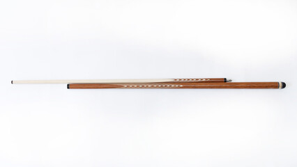 Billiard cues on a white background. Parts of a billiard cue close-up. Live photos of a billiard cue. The Art of Billiards in Motion.