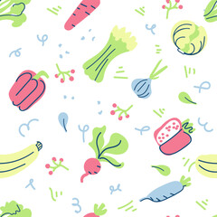 Naklejka premium Seamless vector background with various fruits and vegetables
