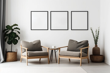 Blank picture frame mockup on gray wall. White living room design. generative AI	