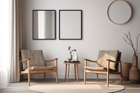 Blank picture frame mockup on gray wall. White living room design. generative AI	