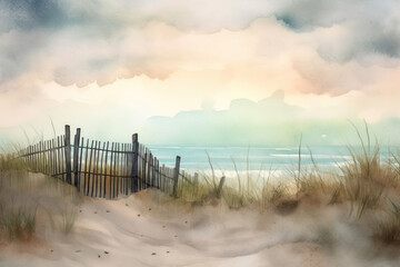 Summer landscape with sea, sky. Watercolor painting illustration. Generative AI.