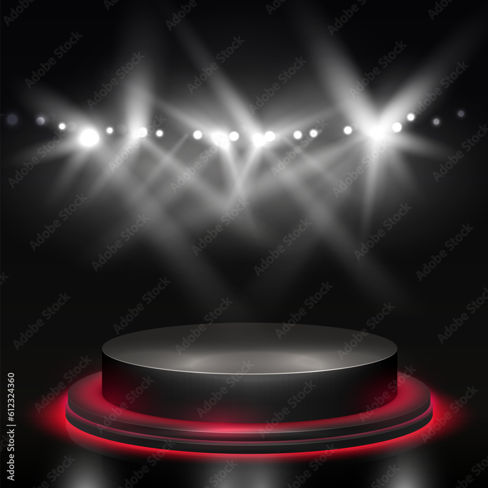 Poster spotlights with stage. light beams with scene. vector round podium and light rays.