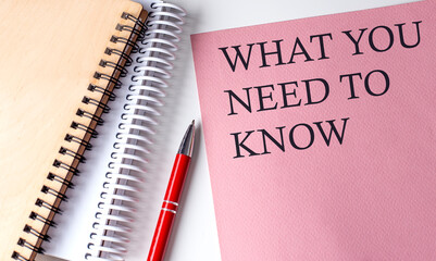 WHAT YOU NEED TO KNOW word on the pink paper with office tools on white background