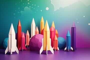 rocket paper fly over colorful background lead rocket stand out of other paper rocket follower illustration of leadership success business concept, generative ai
