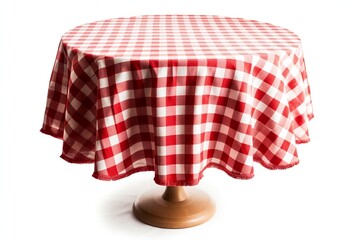 Red and White Covered Round Table on White Background, Generative Ai
