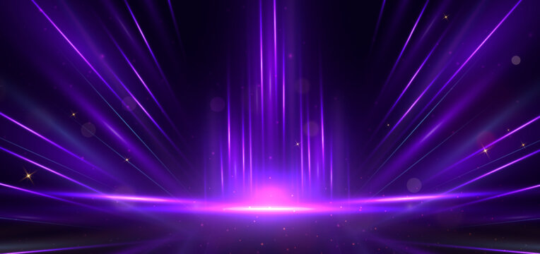 Abstract Purple Light Rays On Black Background With Lighting Effect And Bokeh.