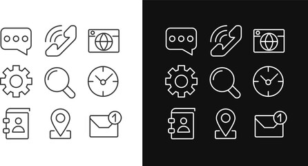 Business communication pixel perfect linear icons set for dark, light mode. Workflow organization. Modern technology. Thin line symbols for night, day theme. Isolated illustrations. Editable stroke