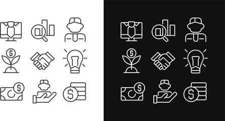Business and employment pixel perfect linear icons set for dark, light mode. Human resources engaging. Company profit. Thin line symbols for night, day theme. Isolated illustrations. Editable stroke