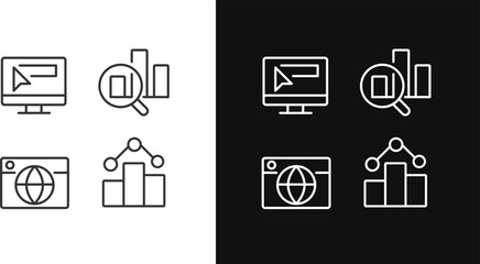 Business online technology pixel perfect linear icons set for dark, light mode. Promotion and analytics. Digital data. Thin line symbols for night, day theme. Isolated illustrations. Editable stroke