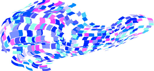 Scattered square particles ornament. Mosaic flight wind. Windy destroyed cell wall. Flight colored tiles flock direction stream.Leaf fall conditional parts single whole. Crash curved surface.