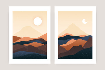Abstract mountain landscape posters. Contemporary nature sun moon print design, boho minimalist wall decor. Vector set