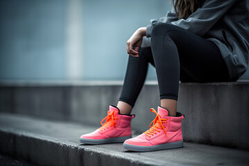 Woman outdoors wearing sports shoes sitting on concrete wall with sneakers