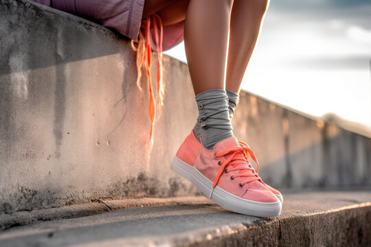 Woman outdoors wearing sports shoes sitting on concrete wall with sneakers2