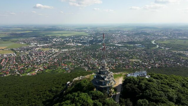 Travel Slovakia, drone footage of Pyramid Radio tower on Zobor Mountain, 4k
