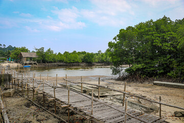Fototapeta premium Destroyed bamboo bridge across the river to the Morgan village.