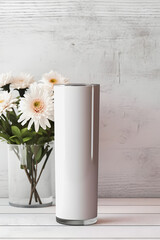 Minimalist White Tumbler Mockup with Flower Vases: Clean and Modern Design