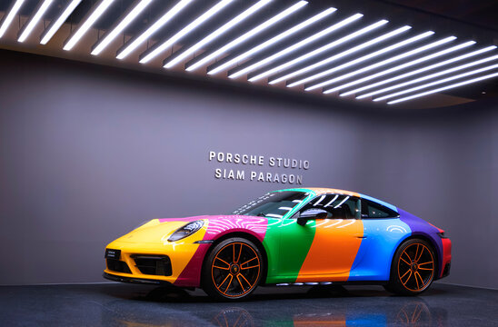 Bangkok, Thailand - May 26,2023 : Colorful Porsche 911 limited edition sports car from Porsche Exclusive Manufaktur showing in Porsche studio room at Siam Paragon shopping mall