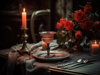 Fototapeta premium Romantic dinner setting with flowers and silverware, candle and red rose on table. Generative AI