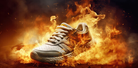 Athlete's foot burning in flames on the ground and background