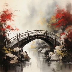 Traditional chinese bridge brush painting. Generative ai.