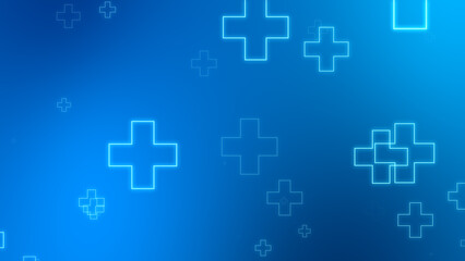 Medical health blue cross neon light shapes pattern background. Abstract healthcare technology and science concept.