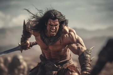 A dynamic image depicting barbarian engaged in a fierce battle, wielding his iconic sword and displaying his combat skills. Generative AI - obrazy, fototapety, plakaty