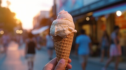 hand hold Melting ice cream cone on street food at night,  AI generative