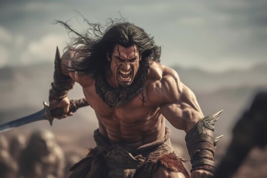 A dynamic image depicting barbarian engaged in a fierce battle, wielding his iconic sword and displaying his combat skills. Generative AI
