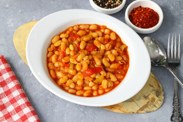 Traditional delicious Turkish foods; Dried bean (Kuru fasulye). Hot turkish bean stew with a tasty tomato sauce. Haricot. 