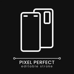 Smartphone pixel perfect white linear icon for dark theme. Mobile device for communication. Cellphone model. Thin line illustration. Isolated symbol for night mode. Editable stroke. Poppins font used
