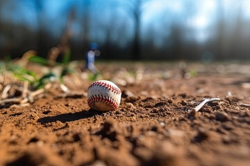 Baseball on ground in field in daylight