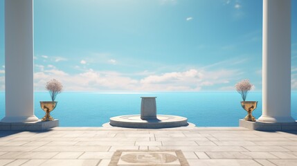 cosmetic product podium with beautiful ocean background Generative AI