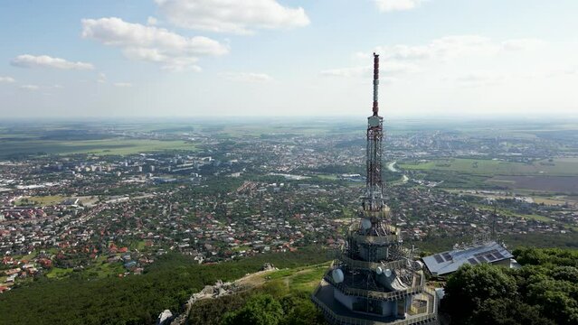 High angle view of Nitra city and Pyramid Radio tower, travel Slovakia, 4k