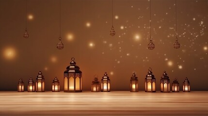 Obraz premium Islamic background with lanterns and lights. Generative ai.