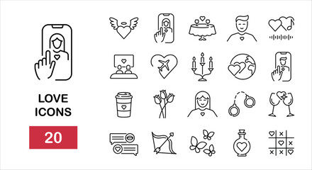 Set of love icons such as online dating, heart, chat, flower, coffee, butterfly for mobile app, dating service. Vector illustration