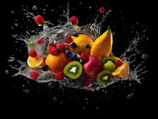 Fototapeta na wymiar Fresh fruit Orange, Apple, Kiwi, Grape with black background Generative AI