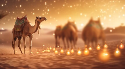 Islamic background with desert, lanterns, lights and camels. Generative ai.