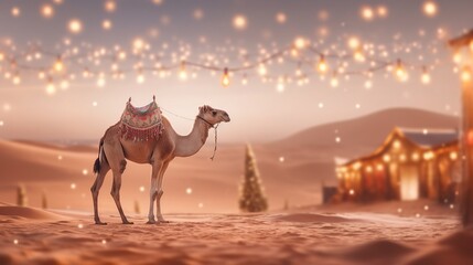 Islamic background with desert, lanterns, lights and camels. Generative ai.