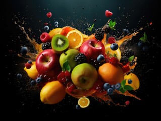 Fresh fruit Orange, Apple, Kiwi, Grape with black background Generative AI