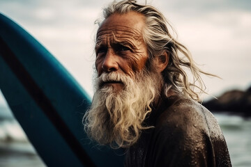 An elderly male surfer with a surfboard in the water. Generative AI illustration.