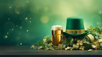 Patrick's Day Banner Featuring Shiny Green Hat, Beer Mug, Gold Coins, and Clover Leaves - Generative AI