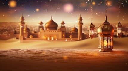 Islamic background witn desert, dust, castle, lanterns and lights. Generative ai